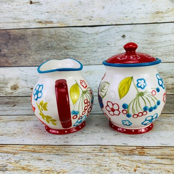 Dutch Wax Coastline Imports Hand Painted Bright Floral Lid Sugar & Creamer Set - Picture 4 of 9
